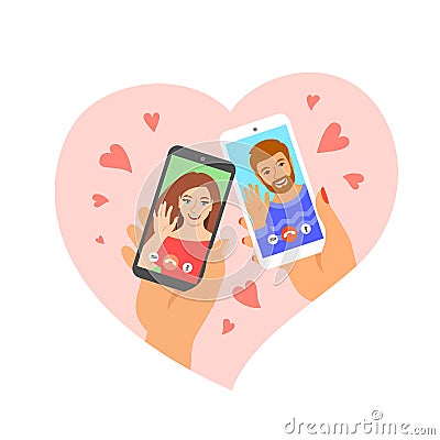 Dating online young couple video call flat concept Vector Illustration