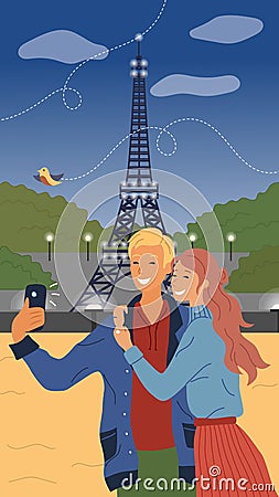 Dating And Travel Concept.Man And Woman Make Selfie On The Eiffel Tower Background.Dating Selfie Photo Modern People Vector Illustration