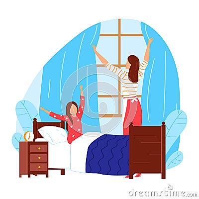 Daughter at bed pillow, mother awake girl person at home bedroom, vector illustration. Child wake up early, woman parent Vector Illustration