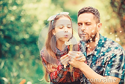 Daughter and father love dandelion flower. family summer farm. spring village country. little girl and happy man dad Stock Photo