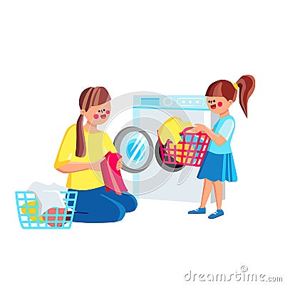 Daughter Girl Helping Mother Doing Laundry Vector Vector Illustration