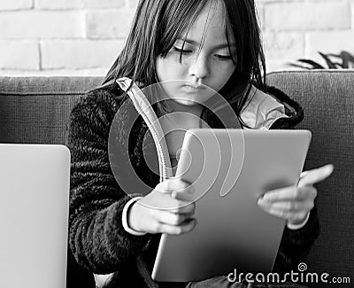 Daughter Girl Playing Techie Digital Device Stock Photo