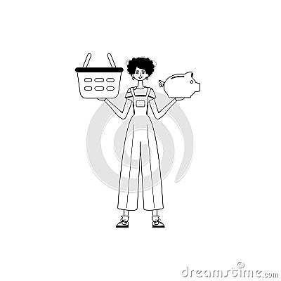 The daughter is holding a hoggish flood partake save bank and a stigmatize handcart . bootleg and white analogue stylus Vector Illustration