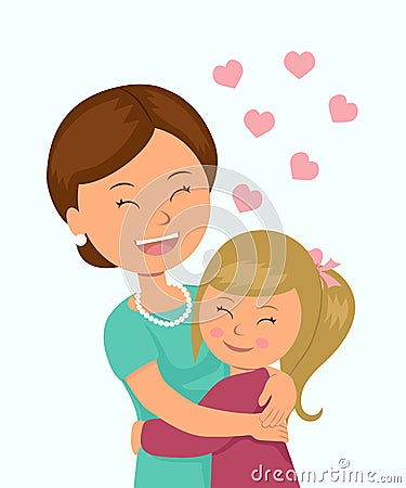 Daughter hugging her mother. Isolated characters in the embrace of a mother and her daughter on a white background. Vector Illustration