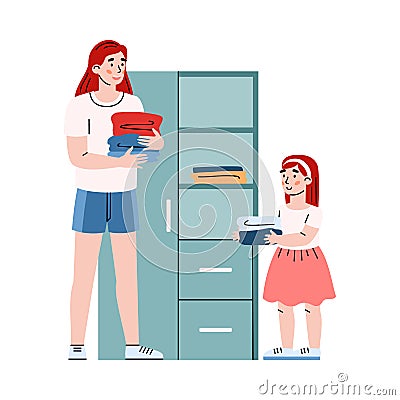 Daughter and mother doing housework putting clean clothes in wardrobe or closet. Vector Illustration