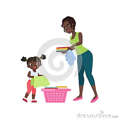 Daughter and mother doing laundry, carry dirty clothes to basket Cartoon Illustration