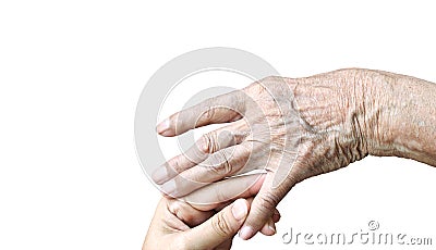 Daughter touching elderly mom hand for take care of Stock Photo