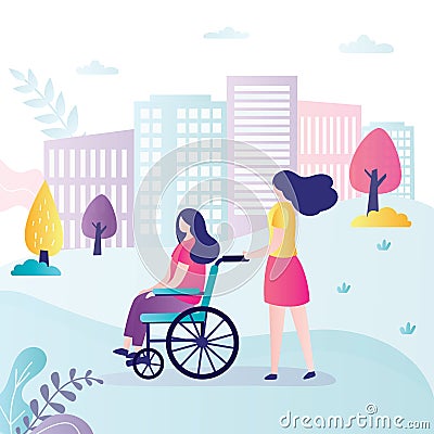 Daughter walks with disabled mother. Female character sitting in wheelchair. Girl help to cute woman with disability Vector Illustration