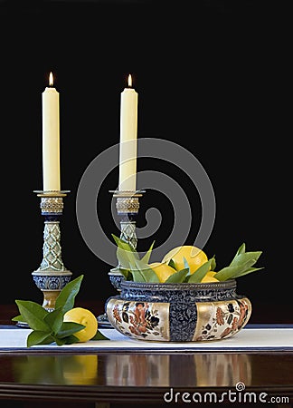 Daulton Lambeth bowl and candlesticks - vertical Stock Photo