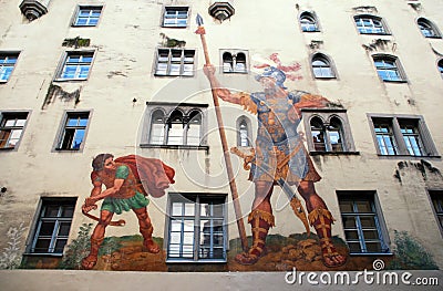 David and Goliath fresco ,Regensburg, Germany Editorial Stock Photo