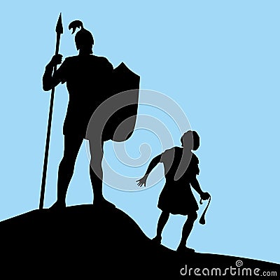 David and Goliath. Silhouette, hand drawn. Vector Illustration