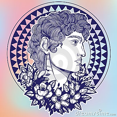 David. The mythological hero of ancient Greece. Hand-drawn beautiful vector artwork isolated. Myths and legends. Tattoo art. Vector Illustration