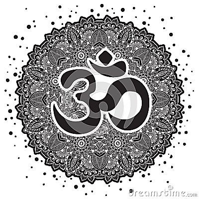 Dawali spiritual sign Om with high-detailed round Mandala. Black and white beautiful vector art. Print, tattoo element, yoga. Vector Illustration