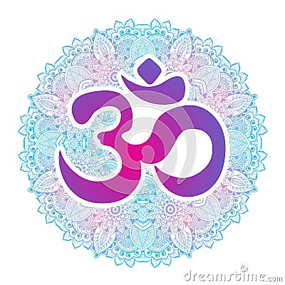 Dawali spiritual sign Om with high-detailed round Mandala. Hand drawn beautiful vector artwork. Print, tattoo element, yoga. Vector Illustration