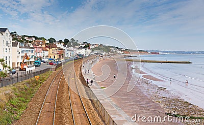 Dawlish beach Devon England with railway track and sea Editorial Stock Photo