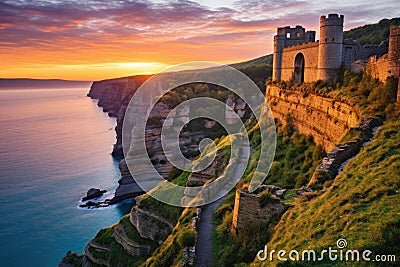 dawn breaking over an ancient fortress on cliff Stock Photo