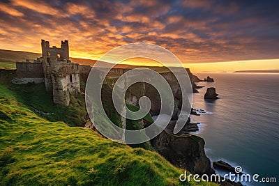 dawn breaking over an ancient fortress on cliff Stock Photo