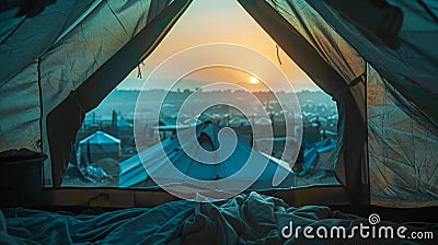 Dawn Breaking Over a Temporary Refugee Camp Seen from Inside a Tent. Generative ai Cartoon Illustration