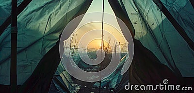 Dawn Breaking Over a Temporary Refugee Camp Seen from Inside a Tent. Generative ai Cartoon Illustration