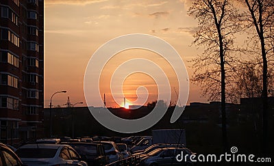 Dawn in the city. The sun rises. Red Sky. Early morning. Russia Stock Photo