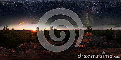 Dawn in the forest under the starry sky a milky way. 360 vr degree spherical panorama Stock Photo