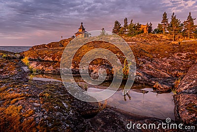 Dawn at Island, Ladoga Lake, Karelia, Russia Stock Photo