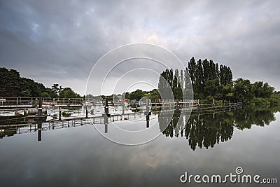 Dawn landscape Chertsey Lock and weir over River Thames in Londo Stock Photo