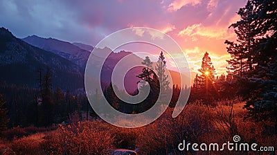 dawn light over the Rocky Mountains with a layer of morning mist, new day awakening, vibrant oranges and purples of dawn Stock Photo