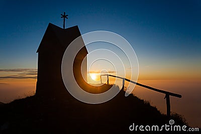 Dawn at the little church, mount Grappa landscape, Italy Stock Photo