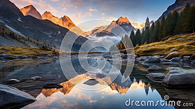 dawn reflection river alpine landscape Cartoon Illustration