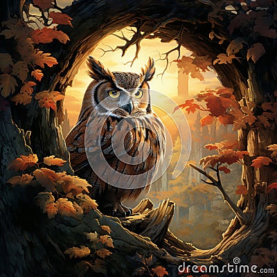 Dawn's Diplomat - Artistic Rendition of Wise Owl Peering from Hollow Tree at Dawn Stock Photo