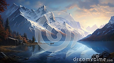 Dawn's Majesty: A Hyper-Realistic Mountain Landscape Bathed in the Gentle Light of Dawn, Capturing the Serenity and Grandeur of Na Stock Photo