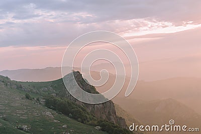 Dawn or sunset in the mountains. The concept of active tourism. Stock Photo