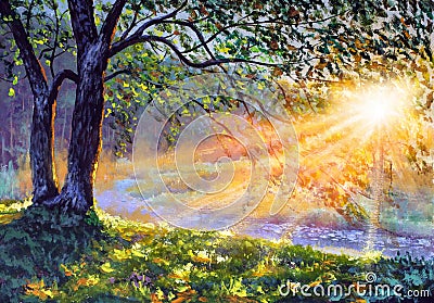 Dawn sunset by river. Morning in forest on pond water. Beautiful landscape acrylic watercolor oil painting Stock Photo