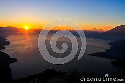 Dawn views of Lake Atitlan from the heights of Indian Nose pointview Stock Photo