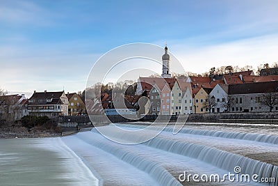 Dawn at the weir at river Lech in Landsberg Stock Photo