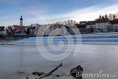 Dawn at the weir at river Lech in Landsberg Stock Photo