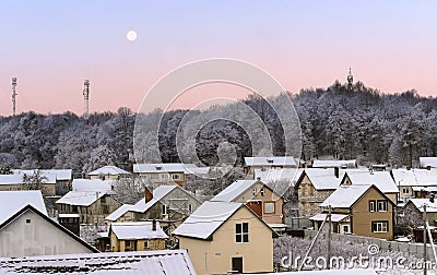 Dawn in winter in the village, early frosty morning Editorial Stock Photo