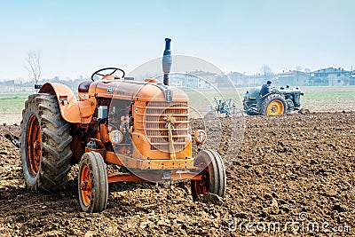 Day annual plowing with vintage tractors. Editorial Stock Photo