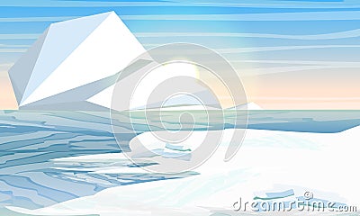 Day in the Arctic or Antarctic. Iceberg in the water. North Sea or ocean with frozen water. Vector Illustration