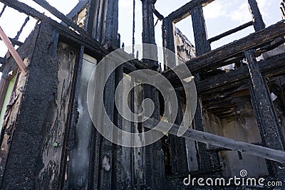 Day after a big fire in a roof of a house . Stock Photo