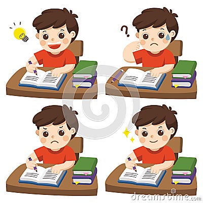 The daily day for boy student doing homework. Vector Illustration