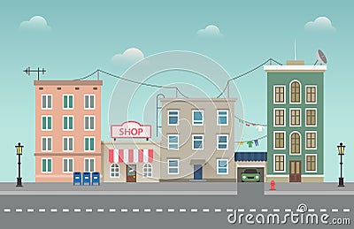 Day city urban landscape. Small town vector illustration in flat style. Vector Illustration