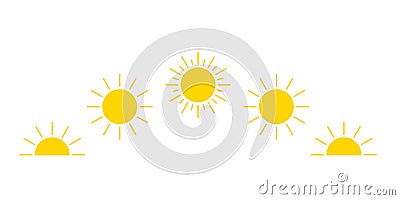Day cycle and movement path sun icon, sunshine, sunrise or sunset. Decorative circle full and half sun and sunlight. Hot Vector Illustration