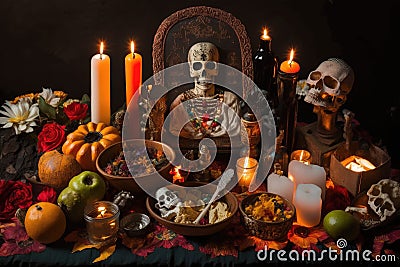 day of the dead altar, filled with candles and offerings for the deceased Stock Photo