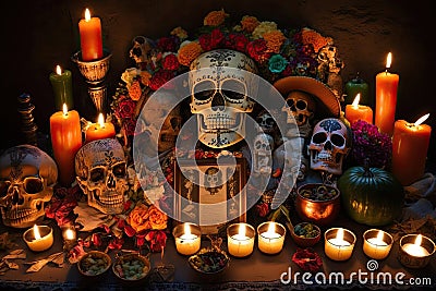 day of the dead altar, filled with candles and offerings for the deceased Stock Photo