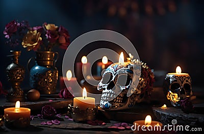 Day of the dead background, La Catrina, mexican skull, flowers, altar and candles festive banner with copy space text, wallpaper Stock Photo