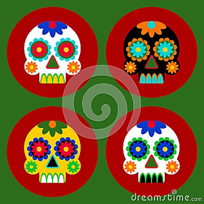 Day of the dead card design. Vector icons in flat style. Collection of 4 skulls decorated with patterns at red and green backgroun Vector Illustration