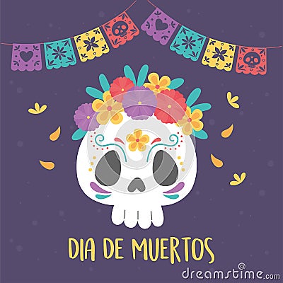 Day of the dead, catrina skull flowers and bunting decoration, mexican celebration Vector Illustration