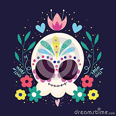 Day of the dead, catrina skull flowers frame leaves traditional mexican celebration Vector Illustration
